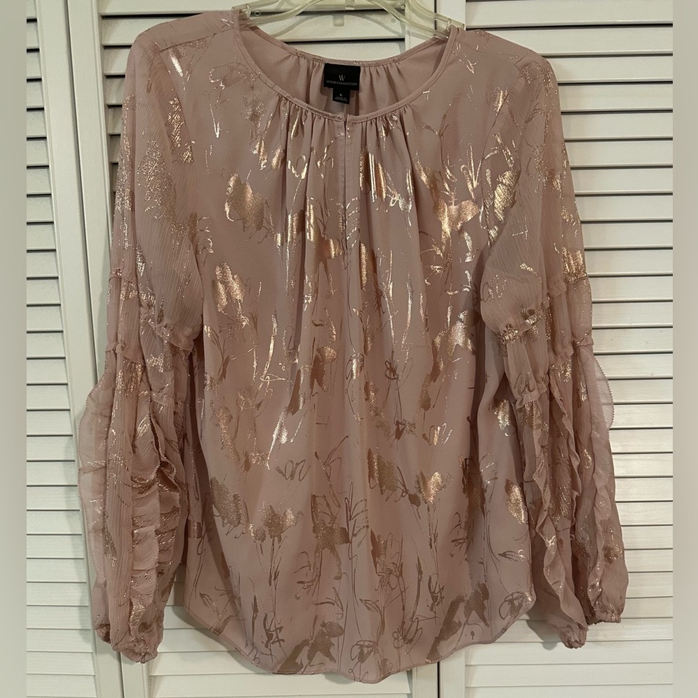"Worthington" Womens Top, Sz Lg, Mauve, Rose Gold Metallic Print, Flutter Sleeve